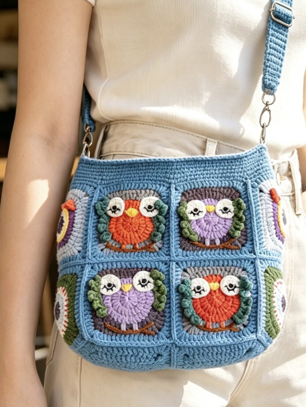 Handmade Crochet Owl Crossbody Bag in Turquoise and Multicolor